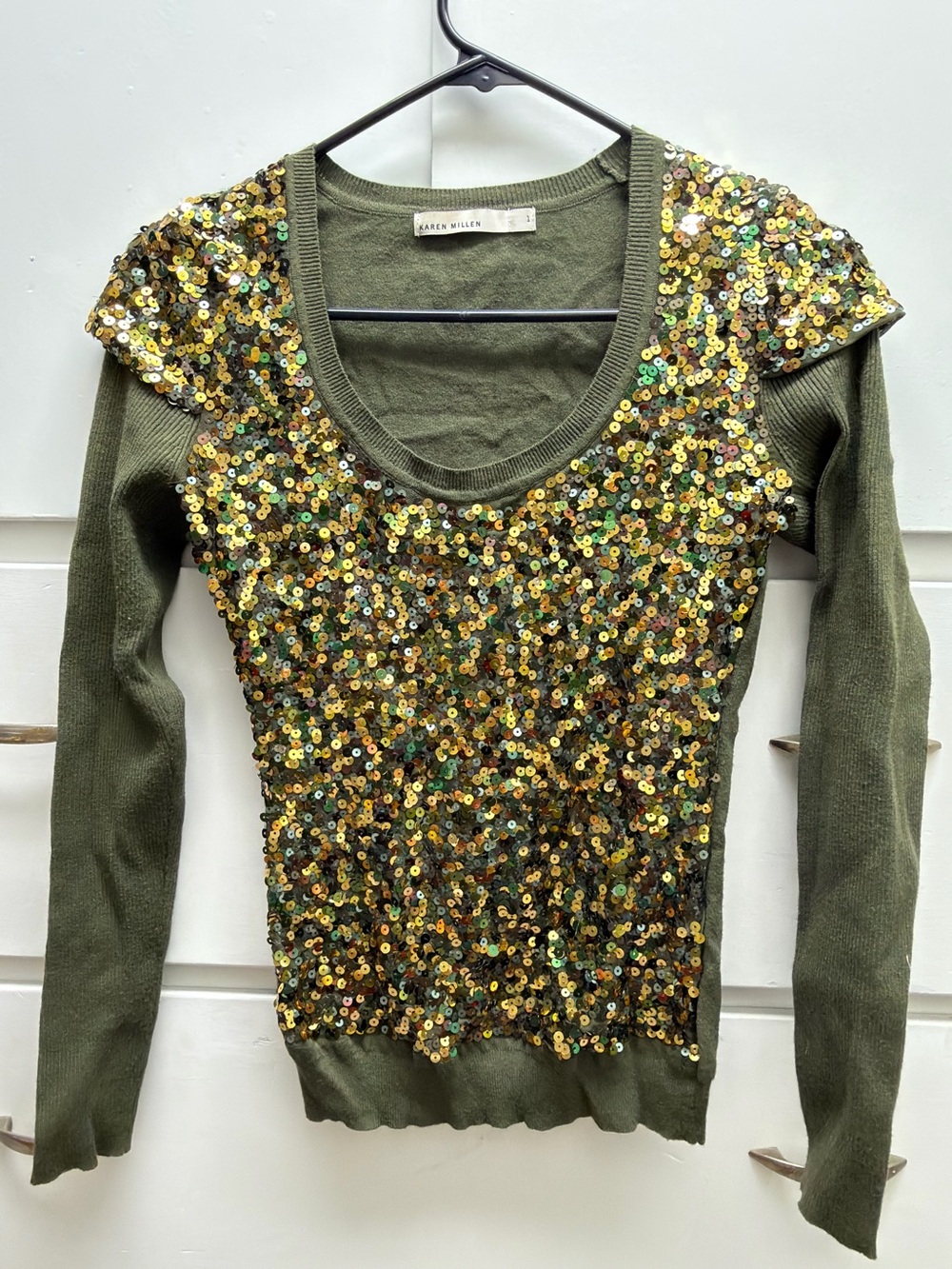 Karen Millen London Olive Green Gold Sequin Scoop-Neck Holiday Top